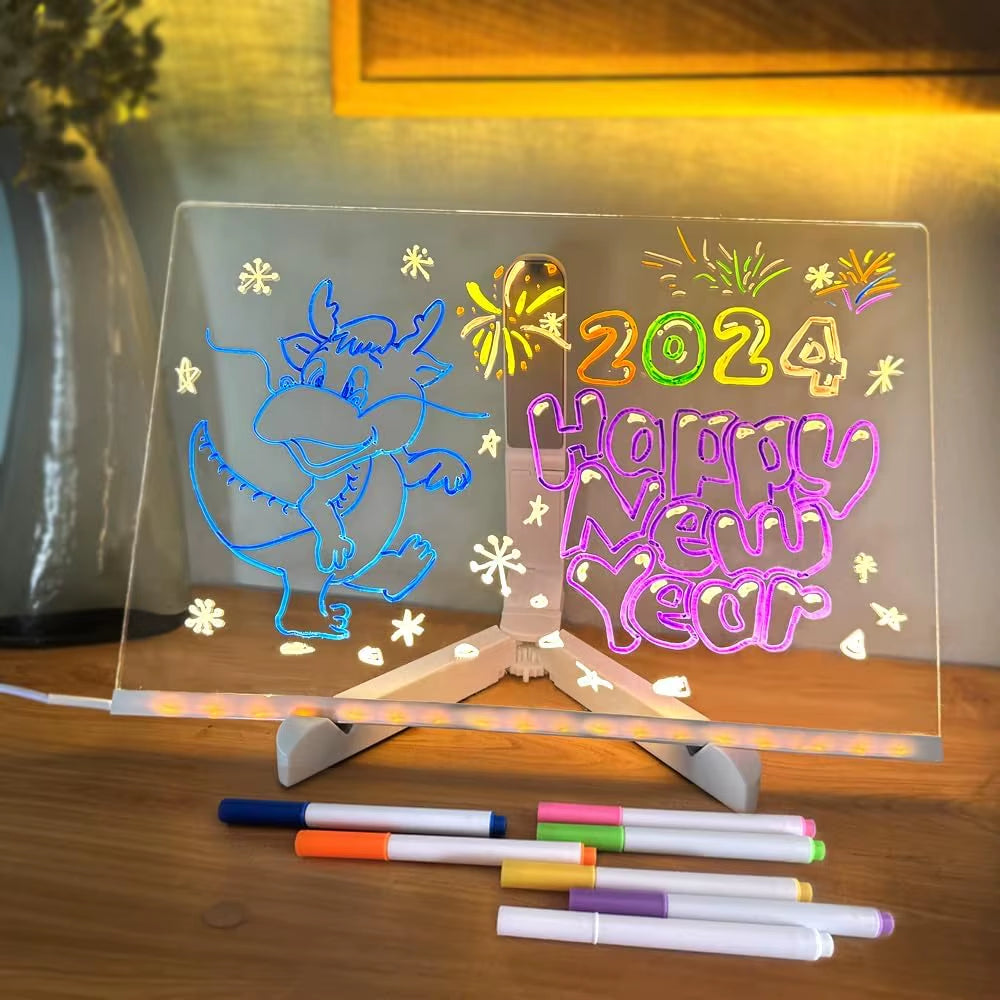 Tableau LED avec veilleuse, 7 stylos colorés, tableau à messages en acrylique, planche à dessin pour enfants, cadeau d'anniversaire