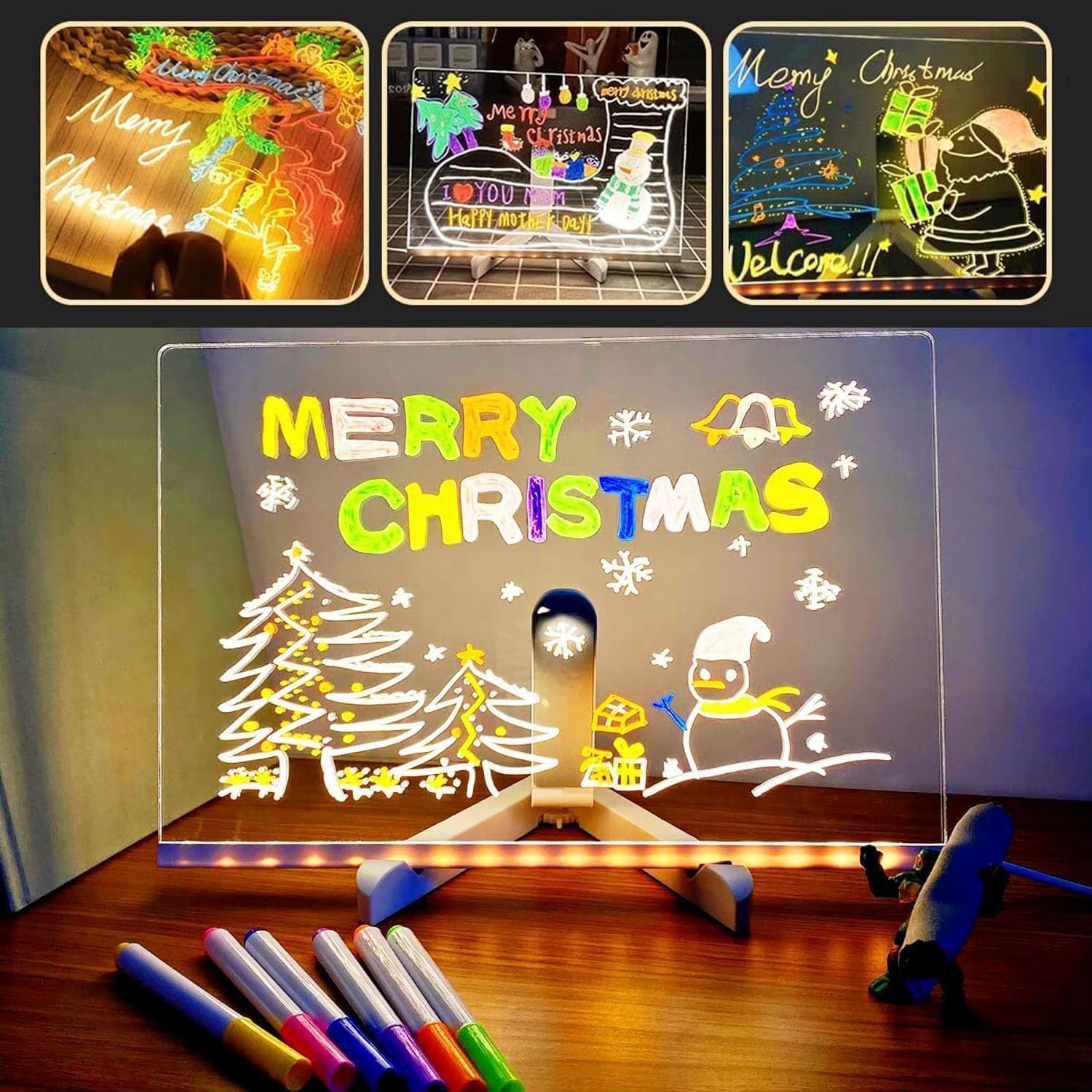 Tableau LED avec veilleuse, 7 stylos colorés, tableau à messages en acrylique, planche à dessin pour enfants, cadeau d'anniversaire
